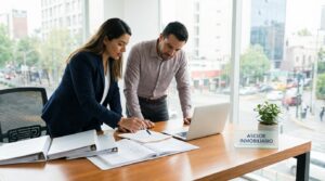 asesor inmobiliario explicando propiedad a cliente en México