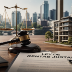 Documento legal sobre ley de rentas justas en México con balanza de justicia y edificio residencial de fondo en Ciudad de México