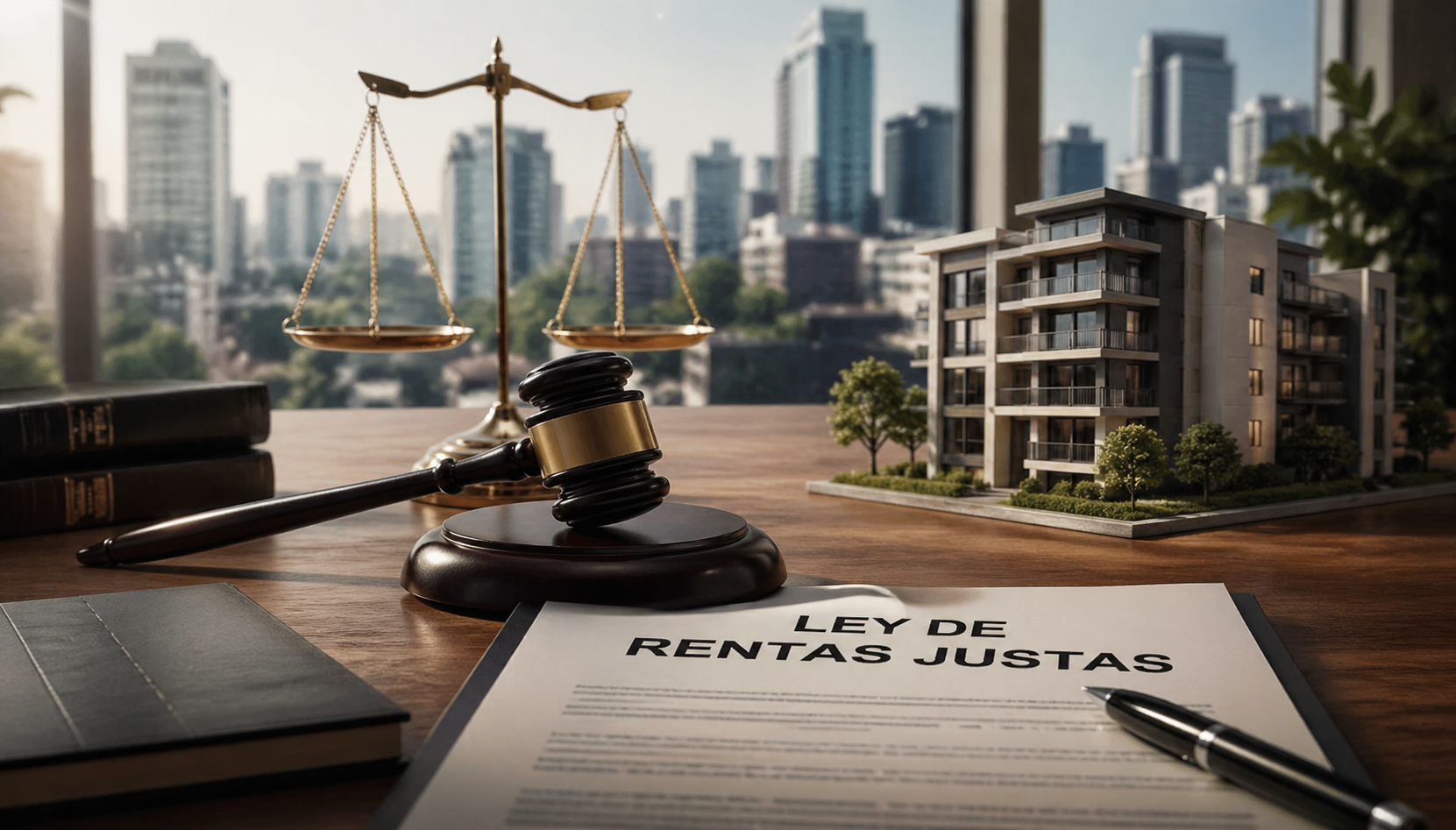 Documento legal sobre ley de rentas justas en México con balanza de justicia y edificio residencial de fondo en Ciudad de México