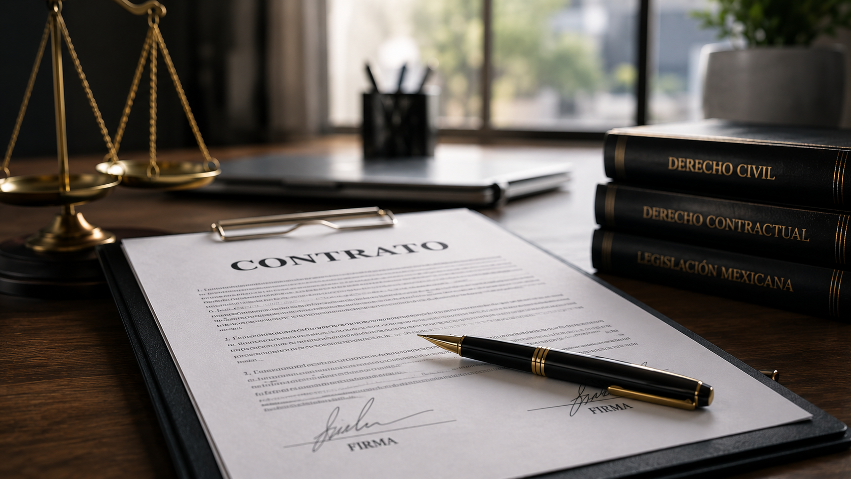 contrato legal con cláusulas y firma sobre escritorio