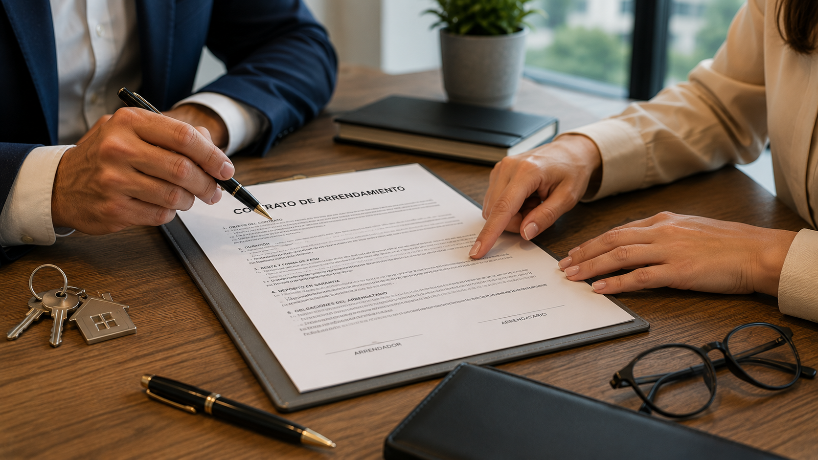 Personas revisando cuidadosamente un contrato de arrendamiento antes de firmarlo