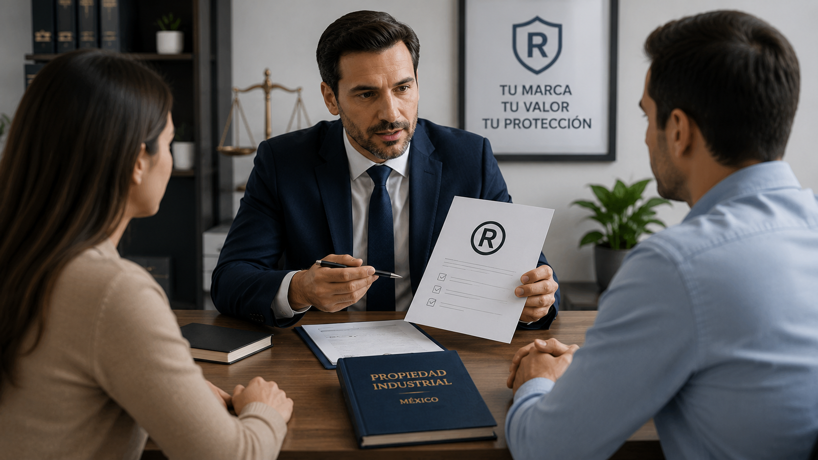 Abogado asesorando a emprendedores sobre el registro y mantenimiento de una marca
