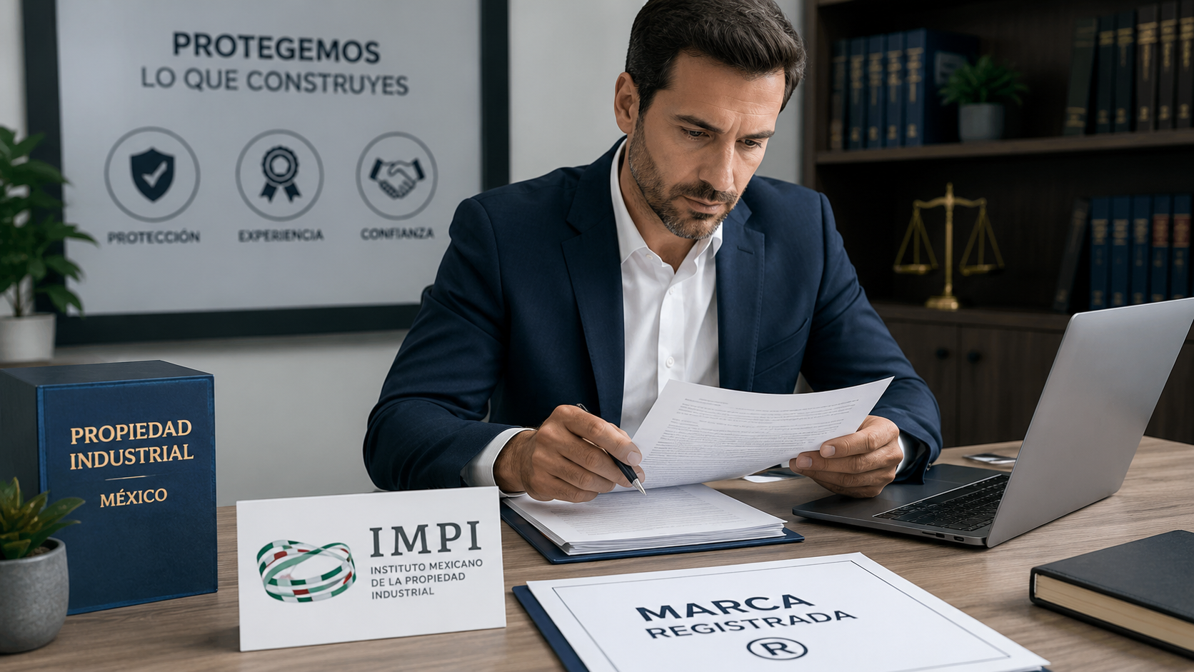 Empresario revisando el registro y la protección legal de una marca ante el IMPI