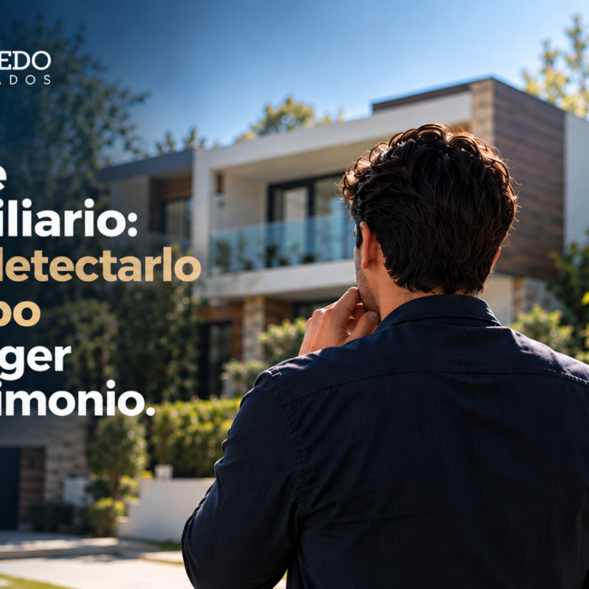 Comprador observando una casa en venta para identificar posibles riesgos de fraude inmobiliario antes de invertir.