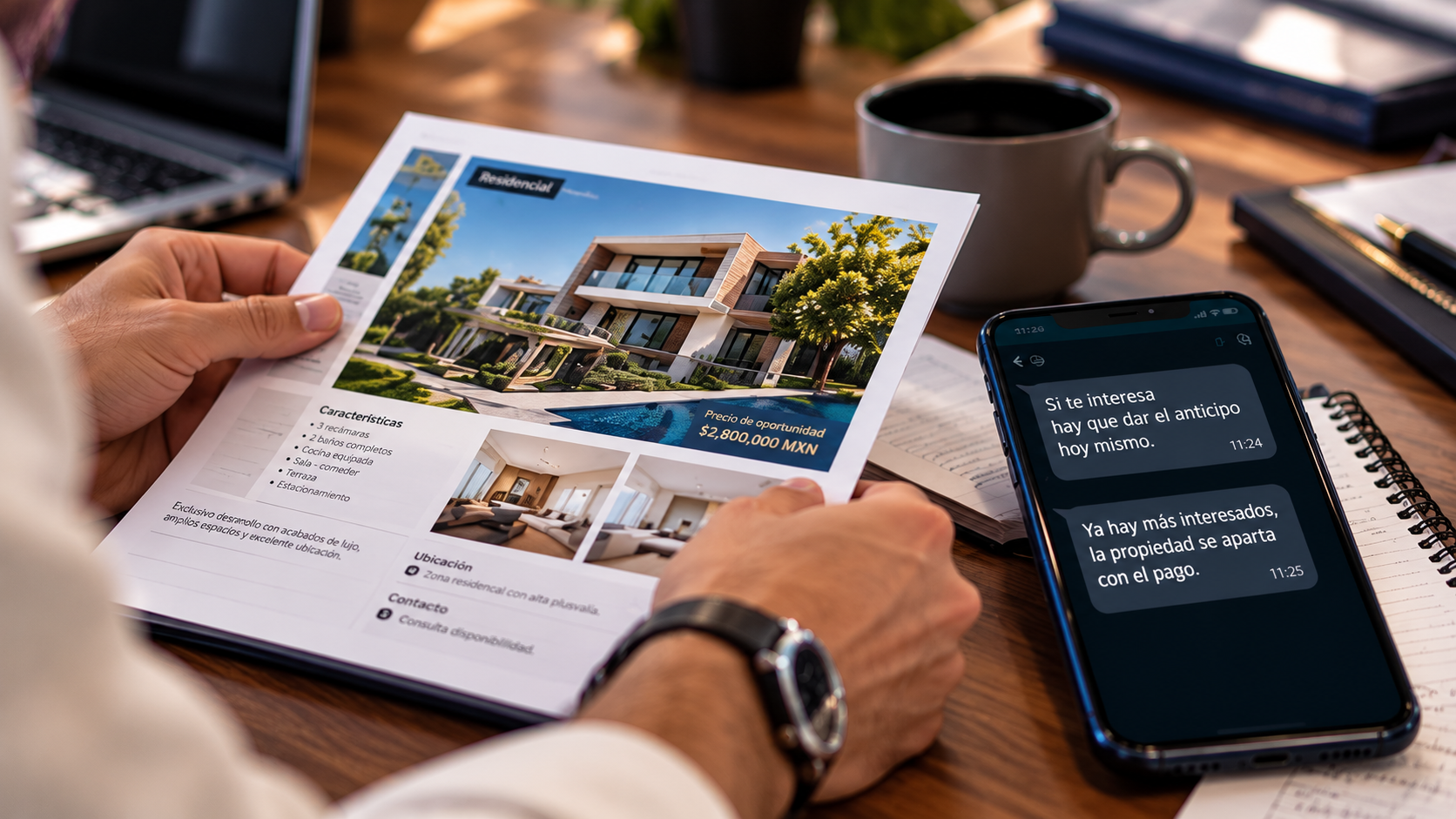 Persona analizando una oferta de compraventa inmobiliaria antes de entregar un anticipo